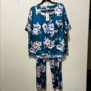 EKOUAER Women's 2 Piece Floral Green And Pink Pajamas. NWT. Size XXL.